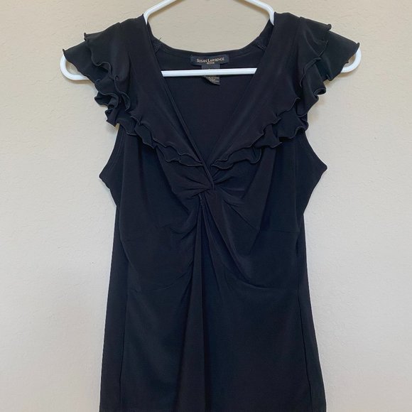 Susan Lawrence Black Ruffle Sleeve V Neck Top Blouse Size Petite Medium (PM) - Picture 1 of 4